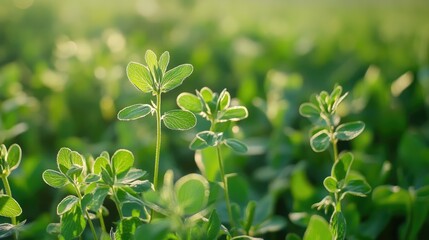 Young alfalfa sprouts thrive in a vibrant spring farm field showcasing lush greenery and healthy growth for agricultural use.