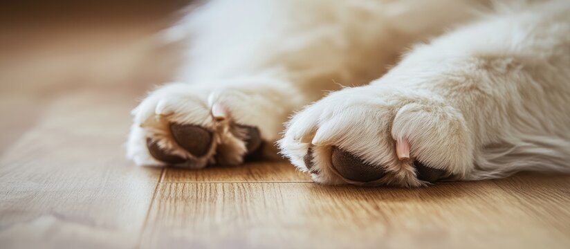 Well-groomed fluffy white dog paws resting on a wooden floor highlighting healthy claws and soft fur texture - Powered by Adobe