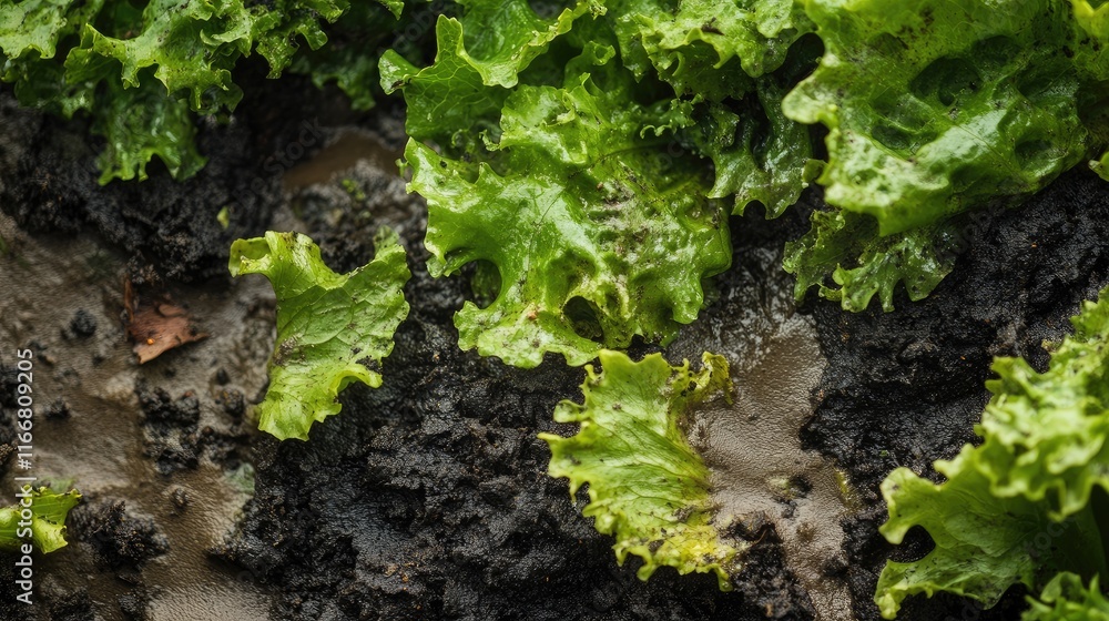 Poster curly lettuce leaves with soil background close-up showcasing vibrant green textures and earthy elem