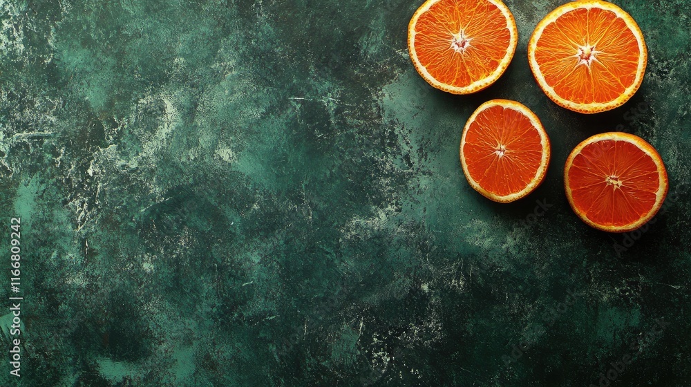 Poster sliced clementines with spices arranged on dark green textured background food styling concept square format image