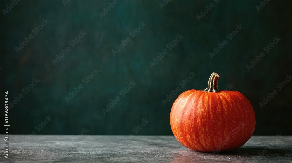 Aufkleber halloween pumpkin on tabletop with dark green background and decorative elements for seasonal promot