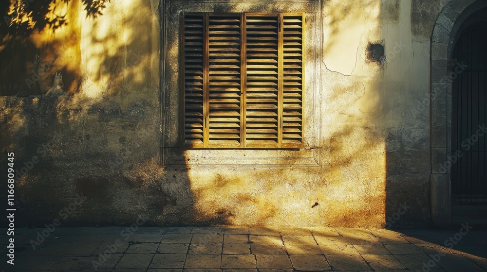 Aufkleber Old architecture with a weathered wall featuring Venetian blinds and shadows from surrounding foliage in a charming urban setting