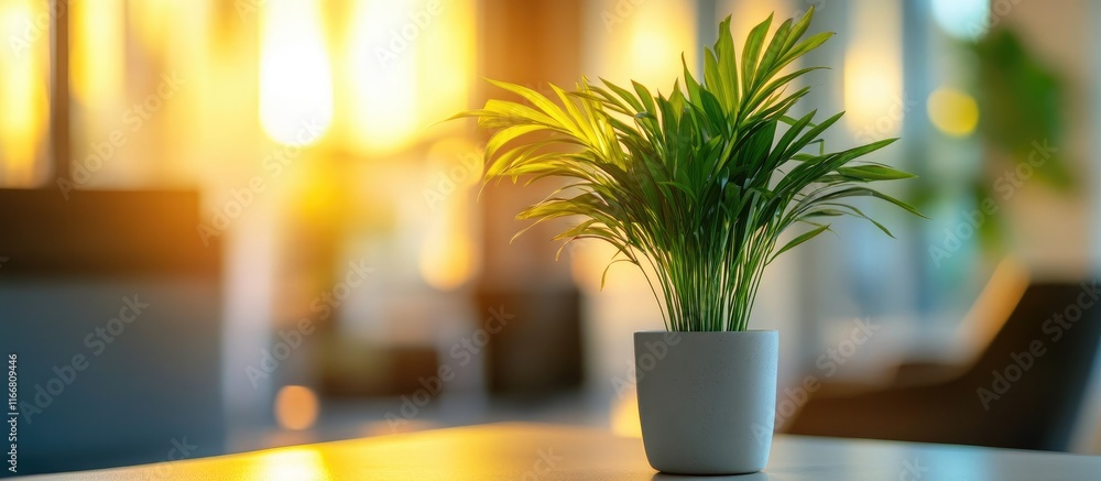 Poster calming office plant in sunlight creating a serene workspace atmosphere with blurred background for 