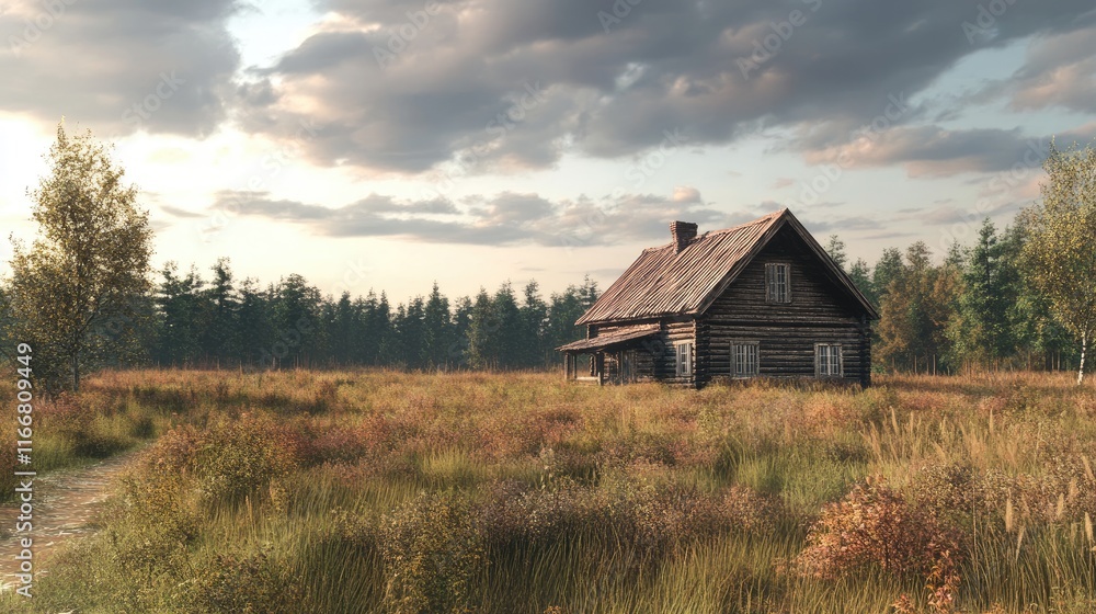 Aufkleber scenic view of a rustic wooden house in a lush heath landscape surrounded by trees under a dramatic 