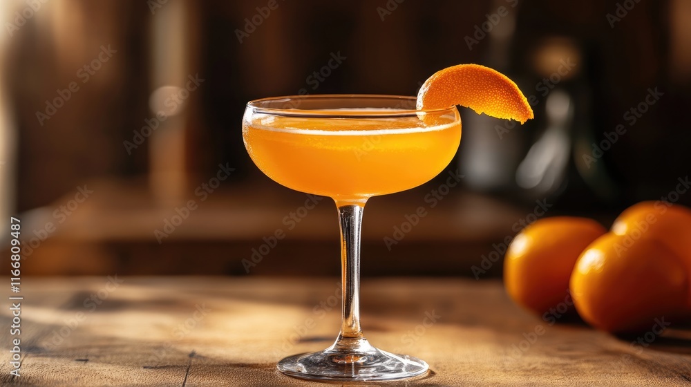 Poster halloween themed cocktail in stylish glass garnished with orange slice on rustic wooden table with f