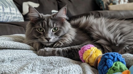 Gray long haired cat relaxing on a soft blanket with colorful toy balls looking at the camera in a cozy living room setting