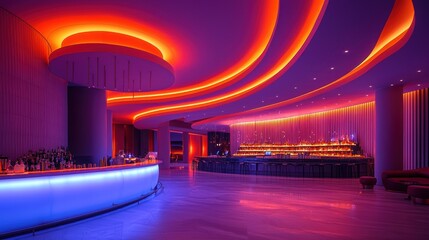 Modern bar with vibrant neon lighting.