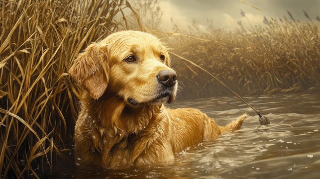 Golden Retriever retrieving ducks in a marsh setting showcasing loyalty and teamwork in outdoor hunting activities
