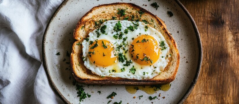 Golden crusted toast topped with sunny side up eggs garnished with fresh herbs a delicious breakfast staple