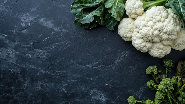 Whole cauliflower and broccoflower with leafy greens on dark slate background for fresh produce and healthy cooking concepts