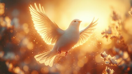 White dove in flight, sunset, flowers, peace.