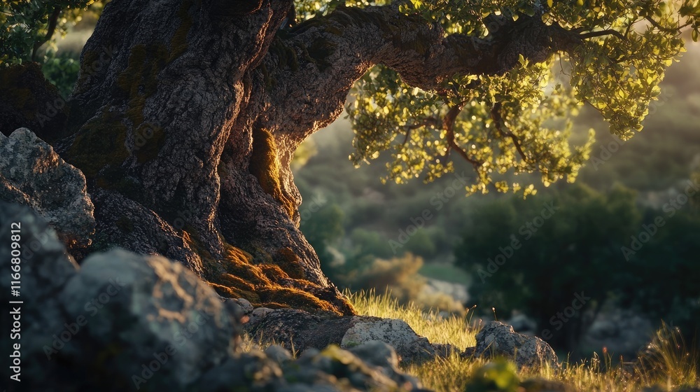 Aufkleber close up view of a gnarled old tree basking in sunlight with lush greenery and rocky terrain in a se