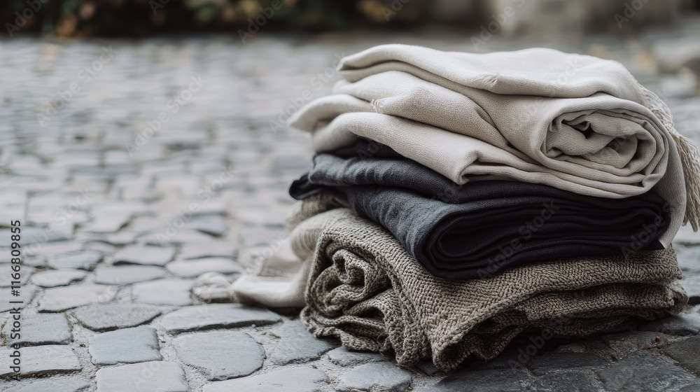 Poster elegant textiles artfully stacked on cobblestone background showcasing minimalist style and industri
