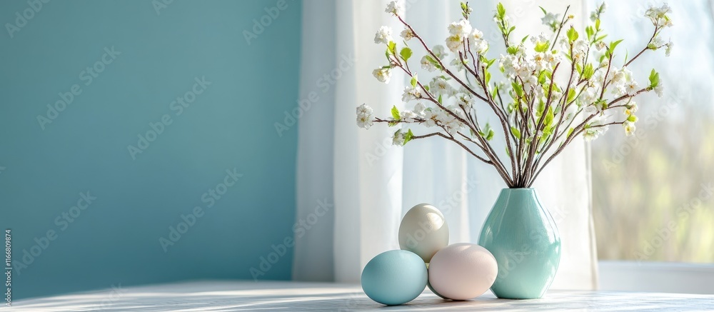 Poster spring home decor with fresh green bud branches in a vase and pastel colored eggs creating a serene 