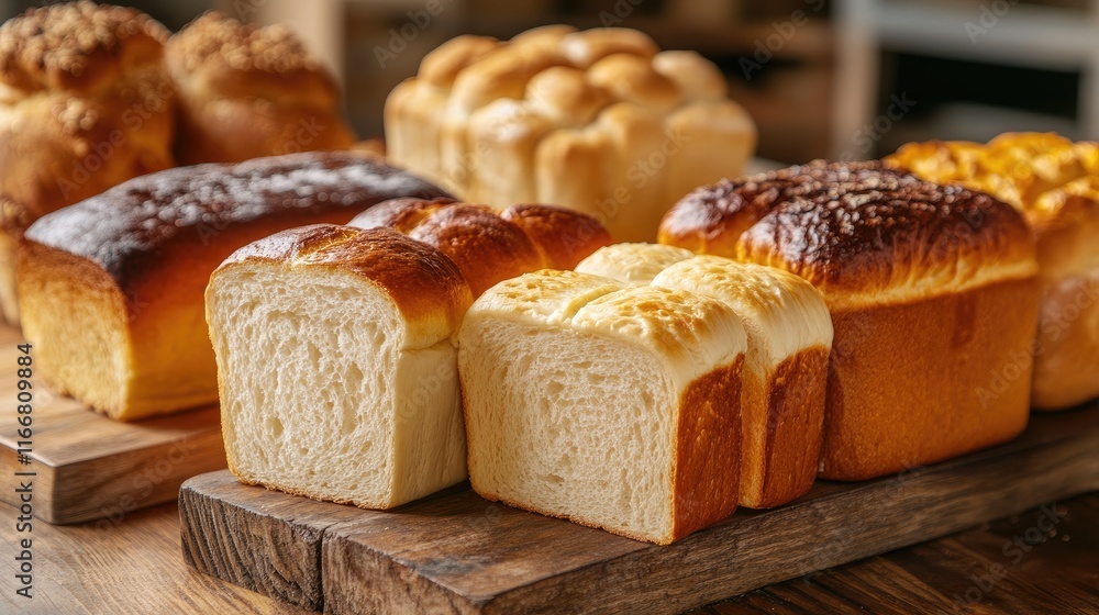 Poster assorted rustic baked bread loaves displayed on wooden table in bakery setting