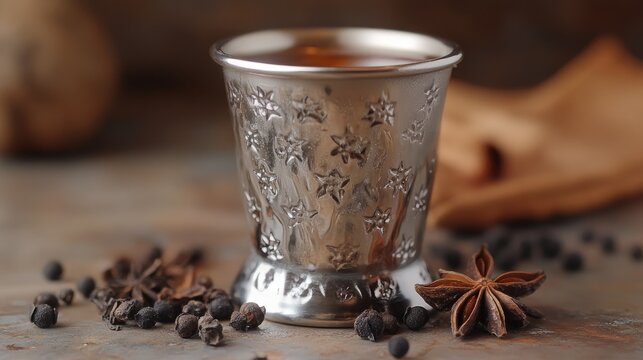 Elegant metal cup holding aromatic cognac cocktail with spices on rustic wooden table, ideal for vintage themed beverage presentations.