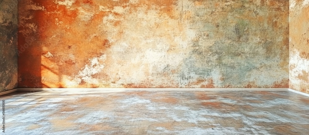 Poster Textured walls and distressed flooring in a grungy empty room perfect for artistic design projects and creative backgrounds.