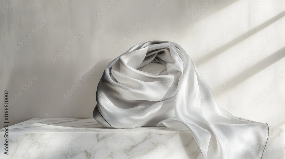 Poster elegant gray silk square scarf artfully displayed on marble slab showcasing sophistication and luxur