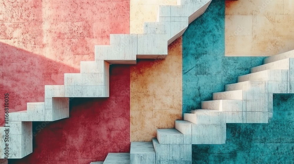 Poster geometric staircase design with vibrant colors and textures creating a striking architectural backdr