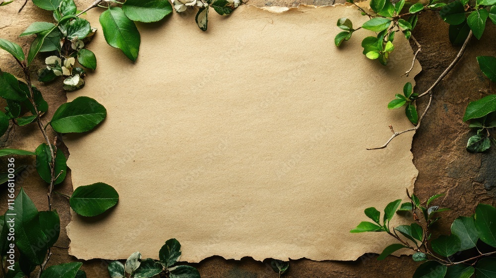 Aufkleber natural home decor background with greenery framing a blank note for artistic and creative projects