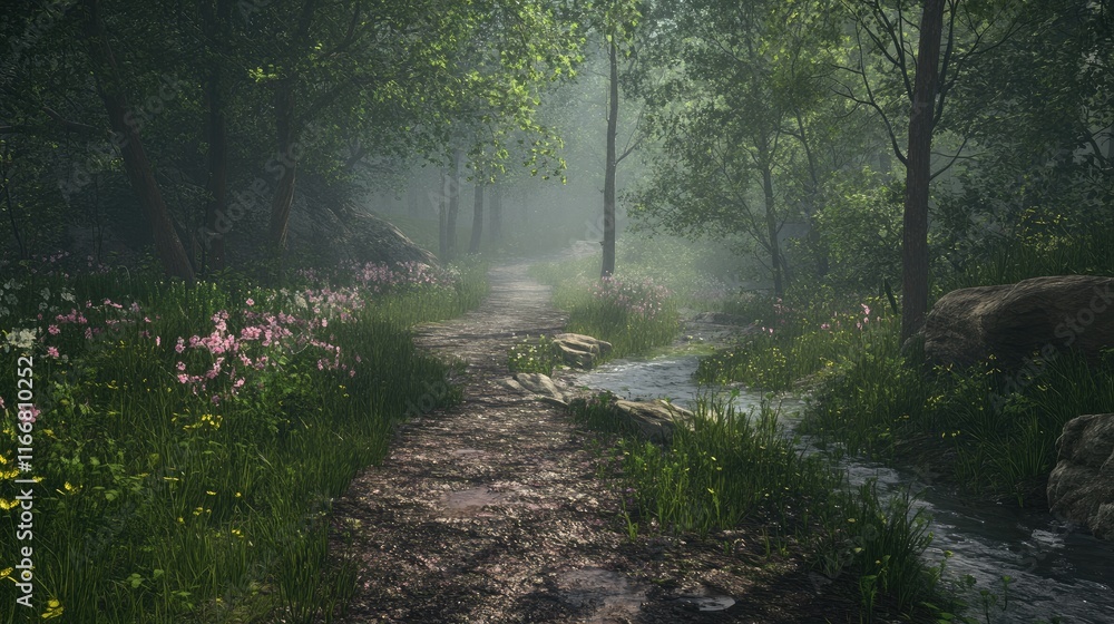 Aufkleber Serene forest pathway alongside a gentle stream with blooming flowers and soft mist creating a tranquil natural atmosphere