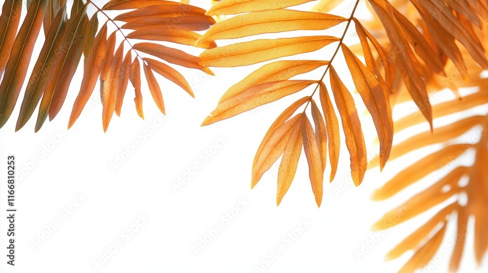 Aufkleber Tropical brown leaves in selective focus against a white background creating a serene foliage backdrop with ample copy space for design use