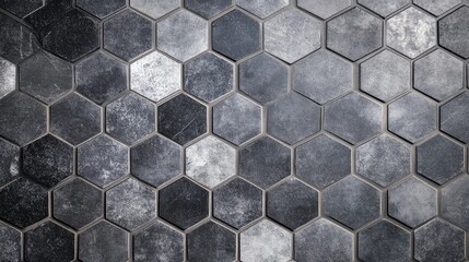 Gray Hexagonal Tile Floor Texture with Varied Shades for Modern Interior Design Background
