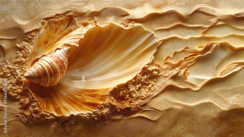 Poster Golden Nautilus Shell Resting on Soft Sandy Beach with Textured Background