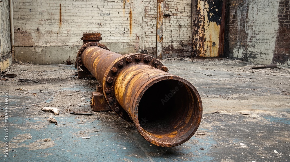 Poster Rusty industrial pipe in abandoned facility with gritty textures and empty space for text placement