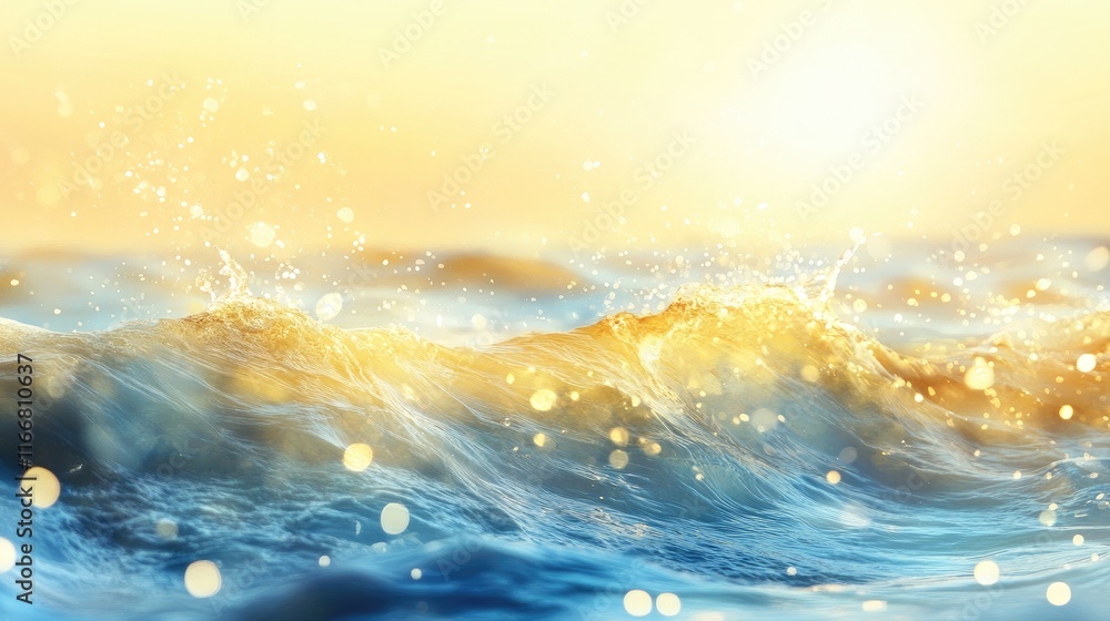 Poster golden ocean waves with bokeh effect during sunset creating a serene and tranquil background for des