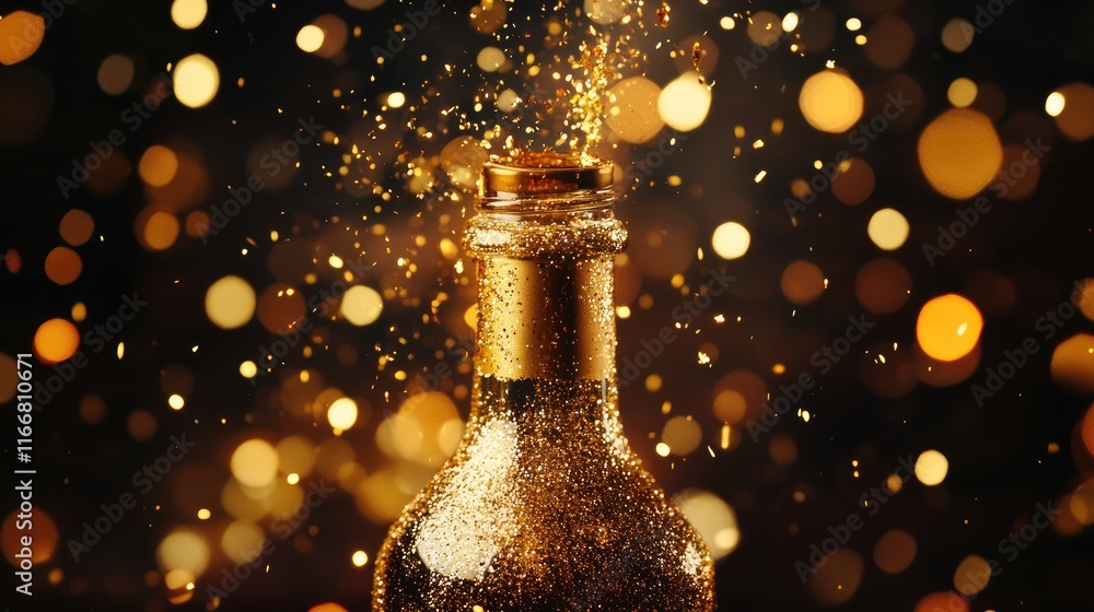 Poster golden sequins and stars bursting from a bottle neck creating a festive atmosphere with sparkling go