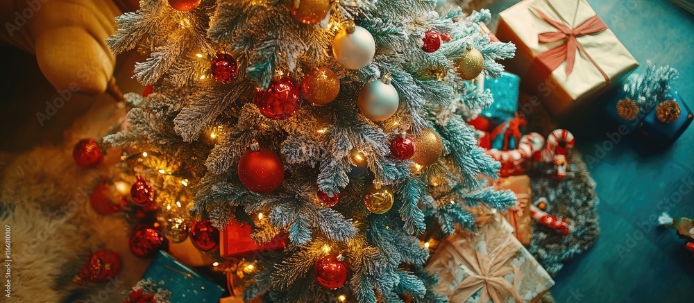 Poster festively adorned christmas tree with colorful ornaments and presents creating a joyful holiday ambi