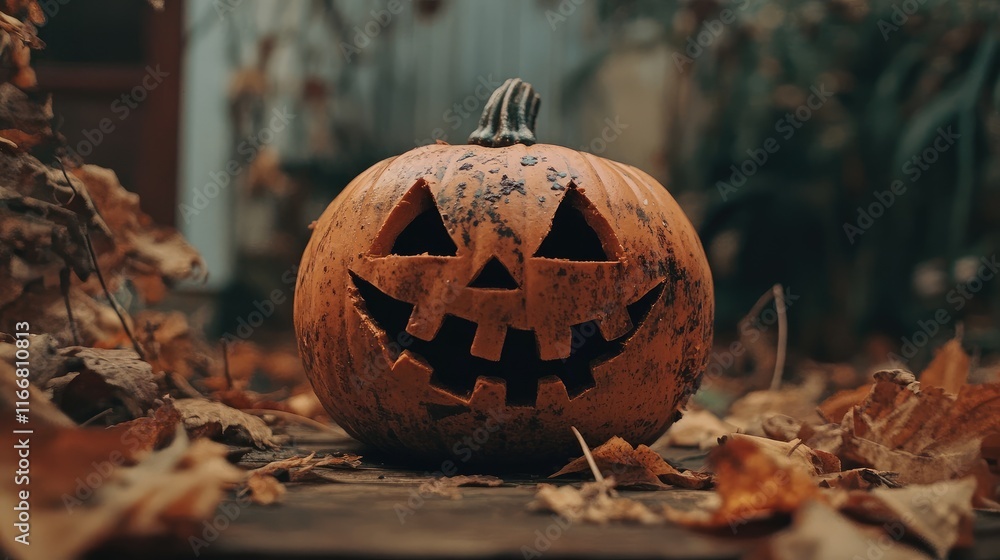 Poster halloween pumpkin with creepy face surrounded by autumn leaves on rustic table in an outdoor setting