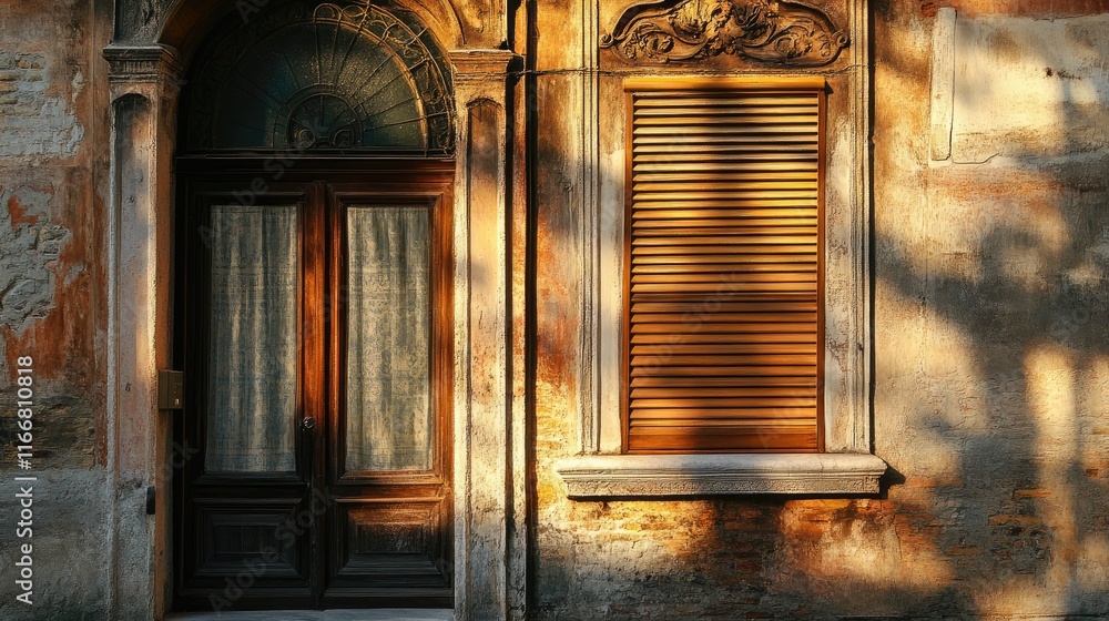 Poster vintage italian architecture featuring an ornate door and a textured wall with venetian blinds casti