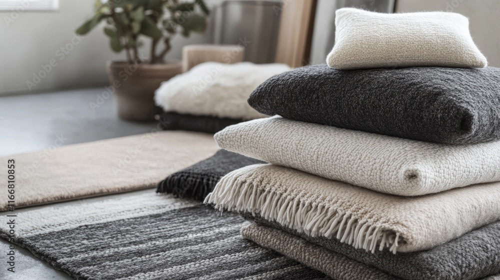 Poster elegant textiles arranged neatly on contemporary surface showcasing minimalist design and industrial