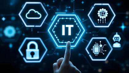 IT Concept, Hand Pointing at Digital IT Interface, Information Technology Solutions: Digital Network and Icons, Modern IT Infrastructure, Digital Interface and Technology Concepts