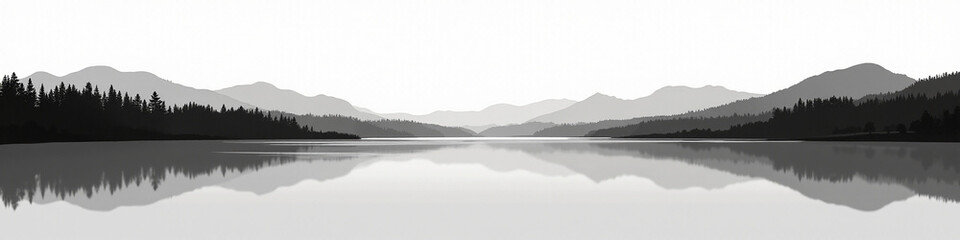 Fototapeta premium A serene black and white landscape of mountains reflected in a calm lake, surrounded by pine trees.