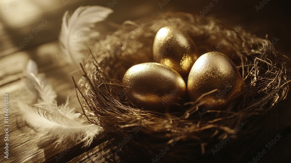 Poster Golden eggs with delicate white feathers nestled in a rustic wooden nest on a table illuminated by soft natural light