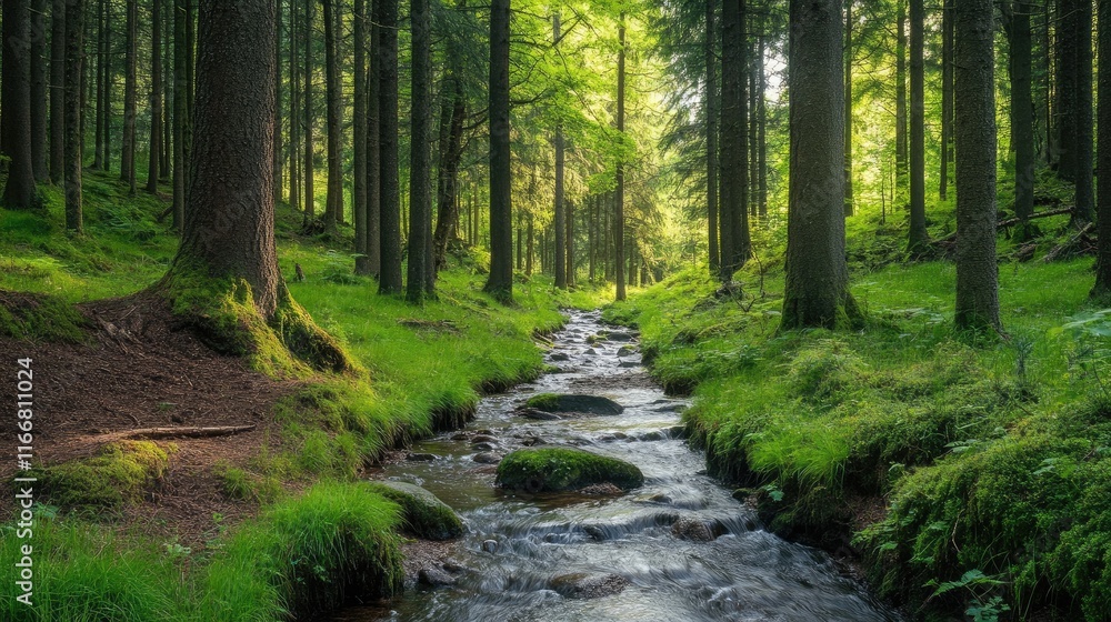 Aufkleber Serene forest path with a flowing stream surrounded by lush greenery and towering trees in a tranquil natural landscape.