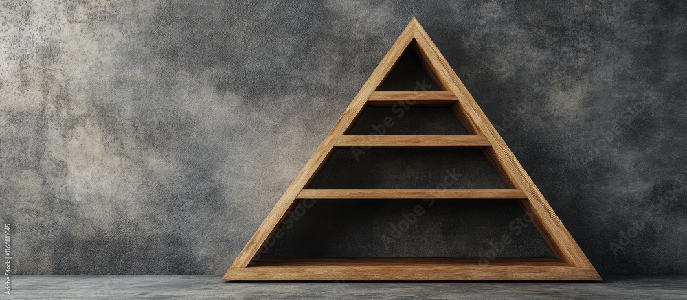 Poster geometric triangular wooden shelving unit with ample space for promotional display against textured 