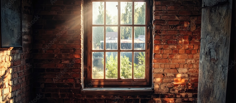 Poster cozy interior illuminated by sunlight through an old rustic window framed by a charming brick wall i