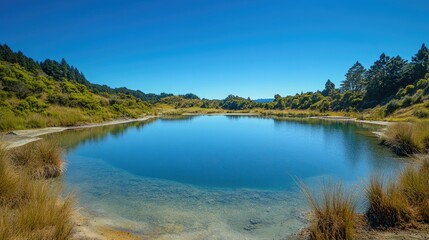 Obraz premium Tranquil Geothermal Lake Surrounded by Lush Greenery Under Clear Blue Sky