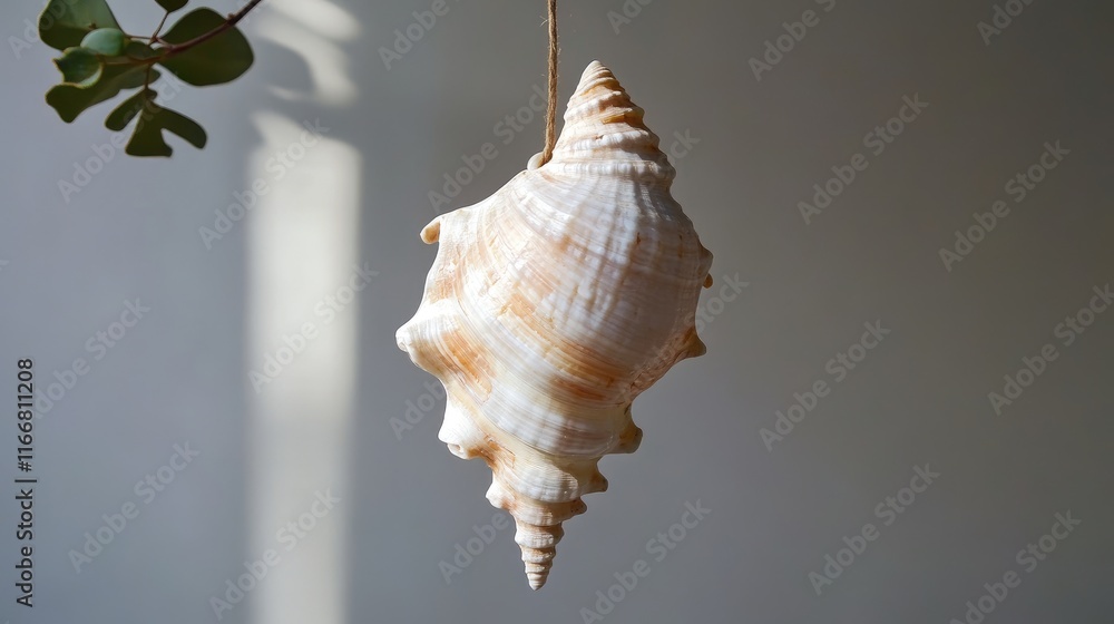 Poster Hanging decorative seashell with natural patterns against a soft background accentuating coastal charm and elegance in home decor
