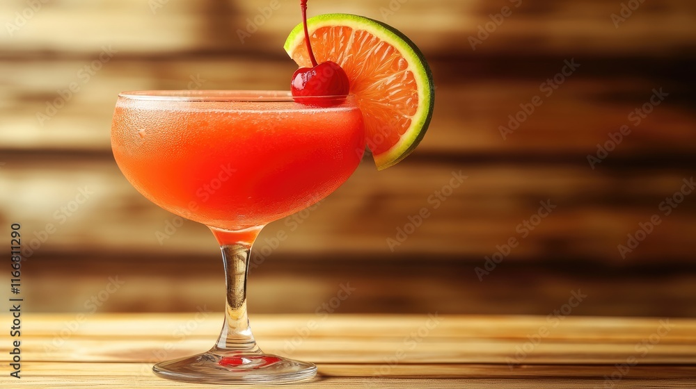 Poster refreshing citrus cocktail with ice served in a wine glass garnished with cherry and lime slice on w