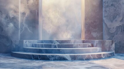 Futuristic glass and steel architectural platform with geometric stairs and reflective surfaces in a minimalist contemporary interior design  Elegant