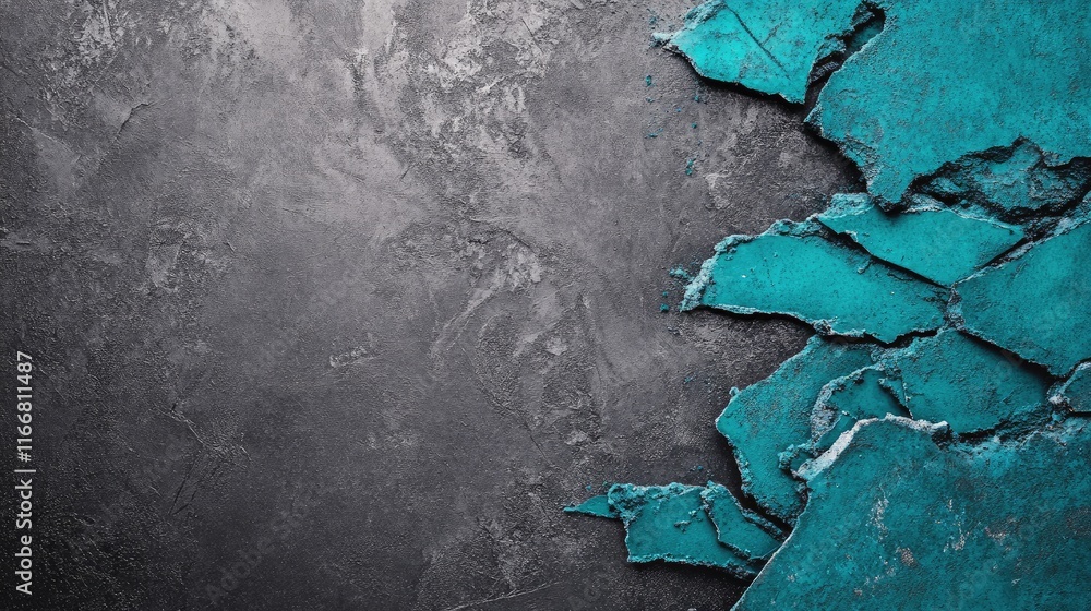 Aufkleber Teal torn asphalt texture on gray background showcasing metallic ash veneer and interconnected gradient shading for design applications