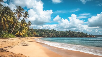 Fototapeta premium Beautiful tropical beach with blue sky and white clouds abstract texture background. Copy space of summer vacation and holiday business travel concept. Vintage tone filter effect color style.
