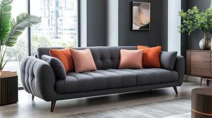 Mid Century modern living room featuring a gray lounge sofa with orange cushions beside a large window and plant on dark gray wall