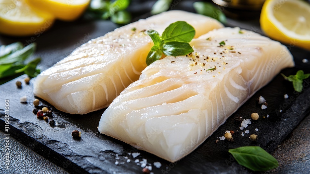 Poster tasty cod fillets garnished with lemon and herbs on a slate serving board in polish cuisine setting