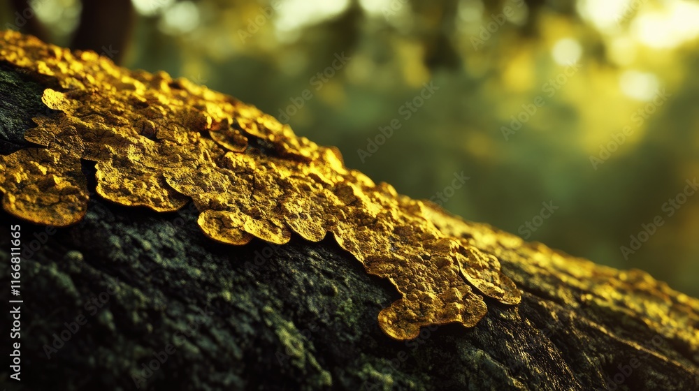Poster golden lichen covering a textured tree trunk in a serene forest setting illuminated by soft natural 
